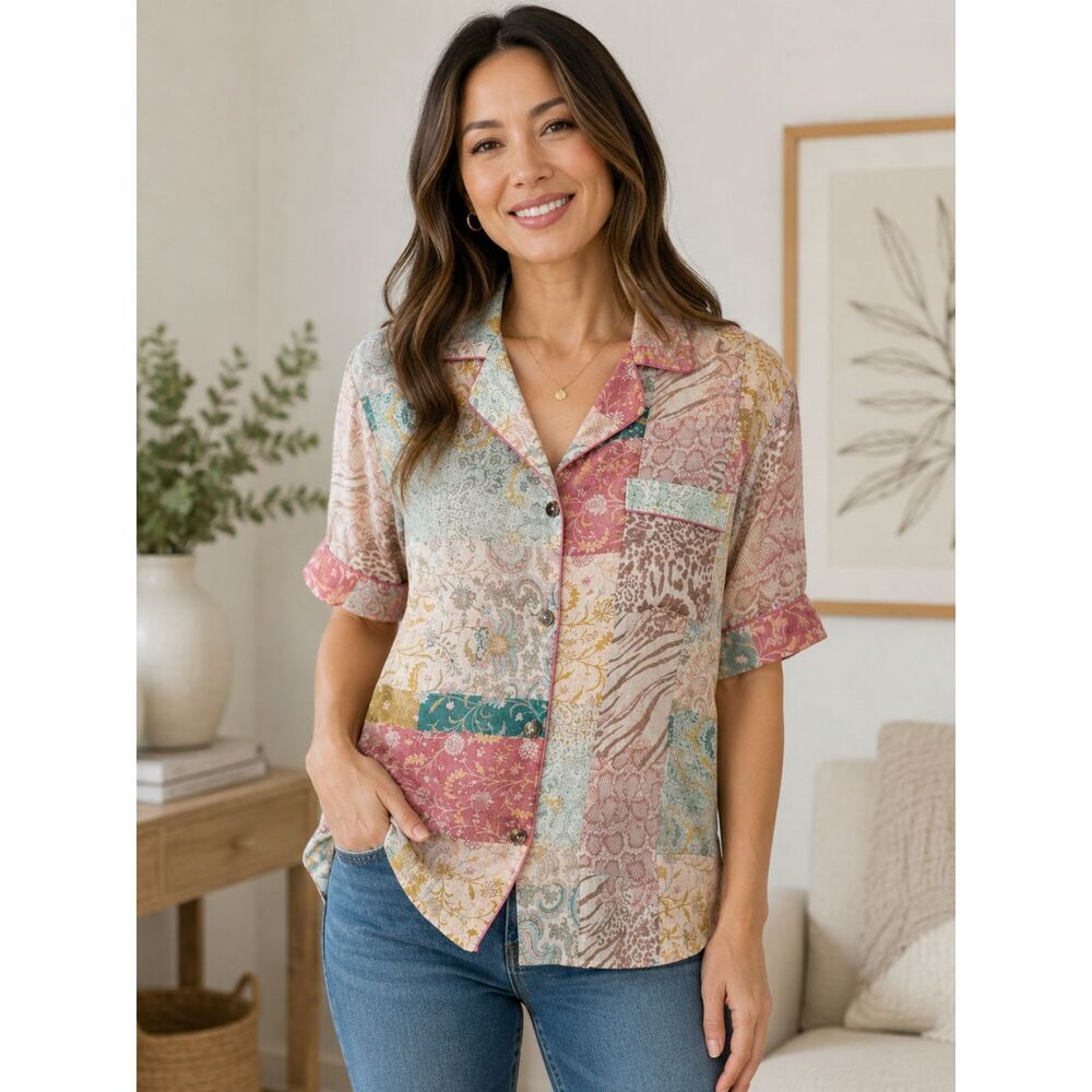Johnny Was Marseille Garden Resort Shirt Size XS Oversized Patchwork Pattern Top